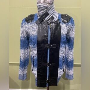 Barabas sweater blue Shawneck faux fur snap button front